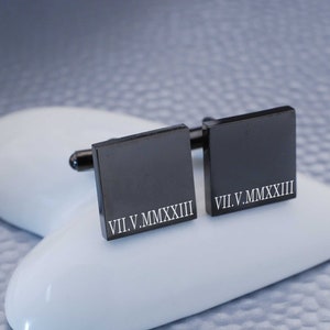 Gunmetal, square cufflinks shown with roman numerals laser engraved.