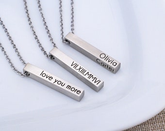 Custom Bar Necklace, Personalized Bar Necklace, Vertical Bar Necklace, Name Necklace, Modern Jewelry, Roman Numeral