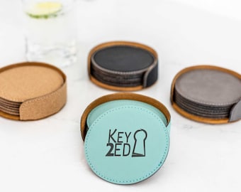 Leather Coasters With Logo, Personalized Vegan Leather Coaster Set With Business Logo, Engraved Coasters, Client Gift, Wedding Logo