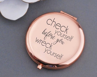 Funny Women Gifts, Check Yourself Compact Mirror, Engraved Pocket Mirror, Christmas Gift for Her, Custom Engraved Gift, Fun Gift For Her