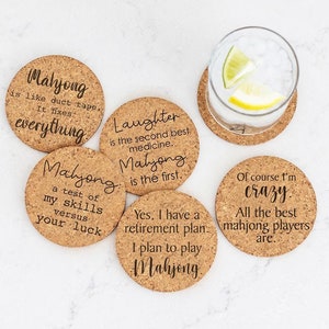 Sous-verres de mahjong, ensemble de 6 sous-verres de mahjong en liège gravés au laser, jeu de mahjong, idées cadeaux amusantes de mahjong, idées de prix de mahjong, cadeau de Noël