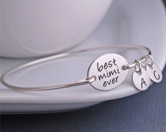 Mother's Day Gift for Mimi, Personalized Best Mimi Ever Bracelet in Silver, Initial Bangle Bracelet for Mimi