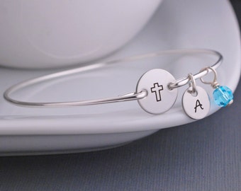 Cross Jewelry, Silver Cross Bangle Bracelet, Christian Jewelry, First Communion Gift, Confirmation Gift, Baptism Gift, Godmother Gift