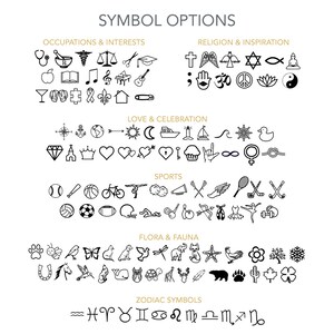 May include: Black and white graphic symbols for various categories, including occupations, religion, love, sports, flora and fauna, and zodiac signs. The categories are labelled in gold text.