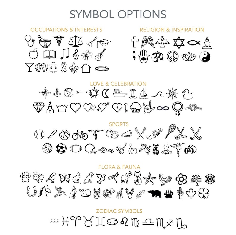 May include: Black and white graphic symbols for various categories, including occupations, religion, love, sports, flora and fauna, and zodiac signs. The categories are labelled in gold text.