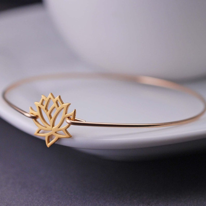 Yogi Gift, Gold Lotus Jewelry, Lotus Flower Bangle Bracelet, Yoga Jewelry, Gold Bangle Bracelet, Stackable Bangles Fall Fashion image 2