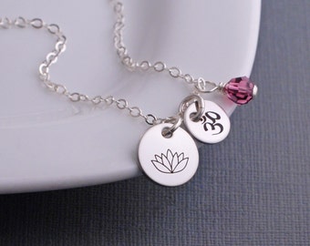 Yoga Necklace, Engraved Lotus Necklace, Yoga Jewelry, Silver Lotus Charm Necklace, Charm Necklace