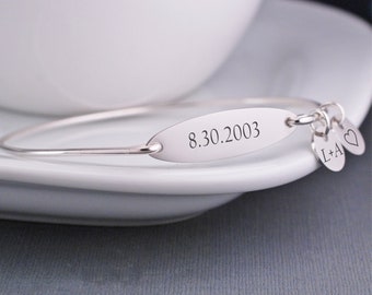 Date Bracelet, Personalized Date Bracelet, Anniversary Gift, New Mom Gift, Custom Engraved Silver Bangle Bracelet