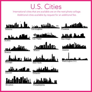 K&ouml;nnte beinhalten: Schwarz-wei&szlig;e Silhouetten der Skylines von 16 gro&szlig;en US-amerikanischen St&auml;dten, darunter Atlanta, Los Angeles, Phoenix, Austin, Las Vegas, San Diego, Miami, Seattle, Boston, Washington D.C., Chicago, New York, Denver, Orlando, Houston und Philadelphia.