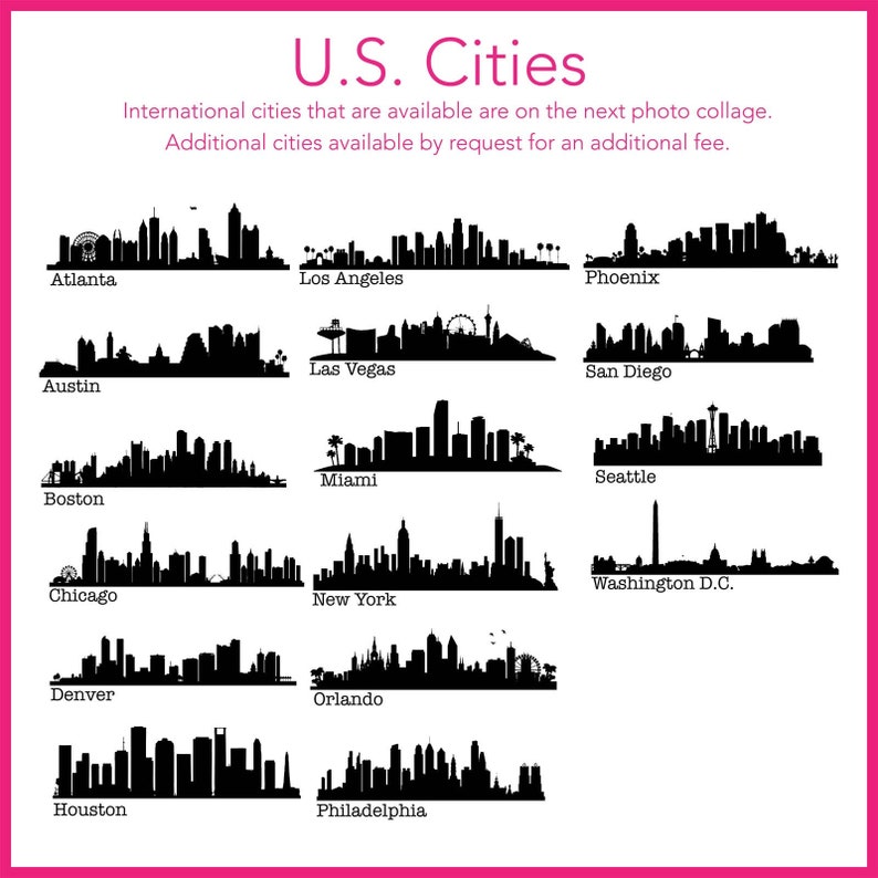K&ouml;nnte beinhalten: Schwarz-wei&szlig;e Silhouetten der Skylines von 16 gro&szlig;en US-amerikanischen St&auml;dten, darunter Atlanta, Los Angeles, Phoenix, Austin, Las Vegas, San Diego, Miami, Seattle, Boston, Washington D.C., Chicago, New York, Denver, Orlando, Houston und Philadelphia.