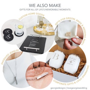 May include: A collection of personalized gifts for weddings, corporate events, and home decor.  The image shows engraved coasters, a slate serving tray, cufflinks, wine tumblers, and a necklace with a bar pendant.