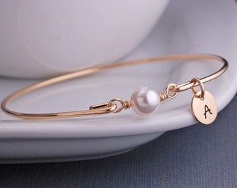 Personalized White Pearl Jewelry, June Birthday Gift Idea, June Birthstone, Gold Bangle Bracelet, Swarovski Pearl Bracelet