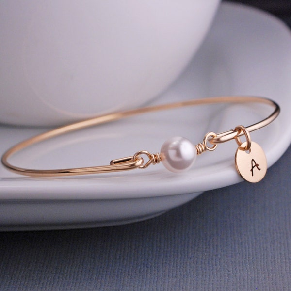 Personalized White Pearl Jewelry, June Birthday Gift Idea, June Birthstone, Gold Bangle Bracelet, Swarovski Pearl Bracelet