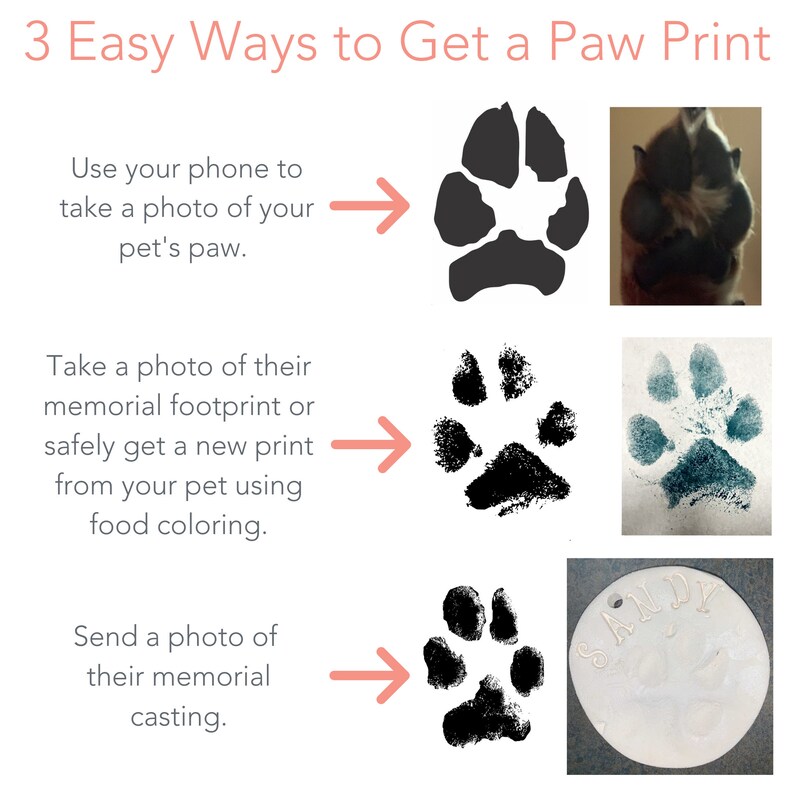 May include: Three easy ways to get a paw print of your pet. The image shows three methods: taking a photo of the paw, making a print with food coloring, and sending a photo of a memorial casting.