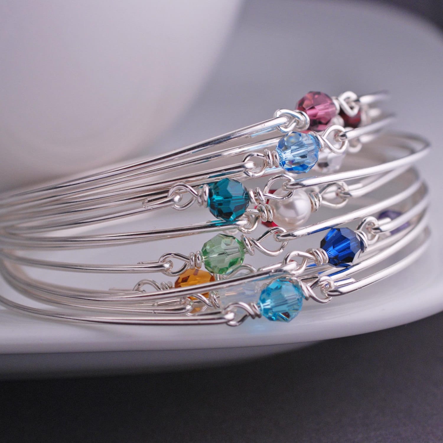 Birthstone Bracelet Sterling Silver Bangle Bracelet Etsy