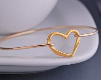 Mother's Day Gift for Her, Heart Jewelry, Gold Heart Bangle Bracelet, Anniversary Gift for Wife, Gift for Girlfriend