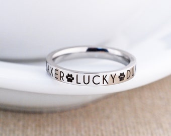 Paw Print Stacking Ring, Engraved Pet Name, Personalized Pet Ring, Memorial Pet Ring, Pet Owner Gift, Dog or Cat Paw Print Gift, Dog Mom