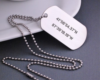 Custom Dog Tag Necklace, Valentine's Day Gift for Him, Men's Latitude Longitude Jewelry, GPS Coordinates Gift, Husband Necklace Dog Tags