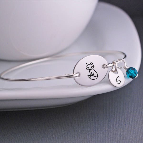 Woodland Jewelry, Fox Bangle Bracelet, Personalized Fox Jewelry, Fox Bracelet Gift