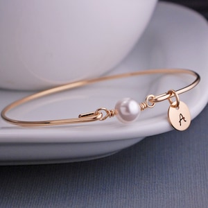 Gold Bangle Bracelet, White Pearl Bracelet, Mothers Day Gift for Her Simple Gold Bracelet, Pearl Jewelry, Gift for Wife image 1