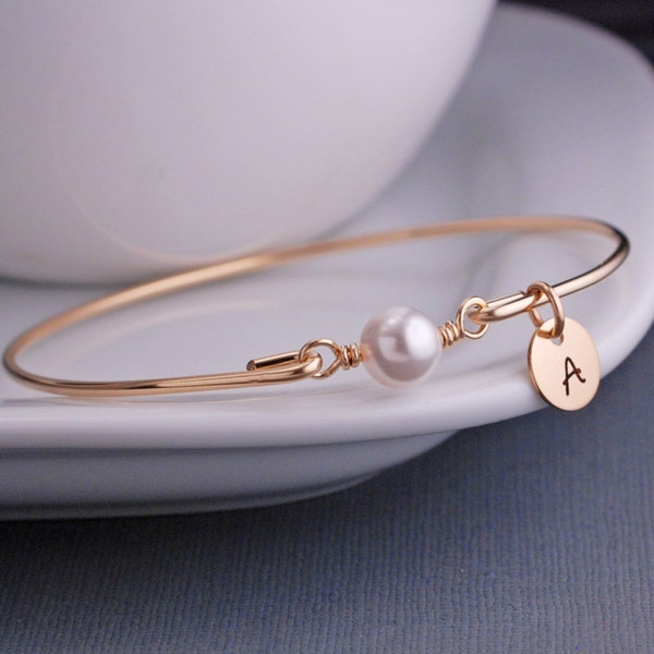 Gold Bangle Bracelet, White Pearl Bracelet, Mother’s Day Gift for Her Simple Gold Bracelet, Pearl Jewelry, Gift for Wife