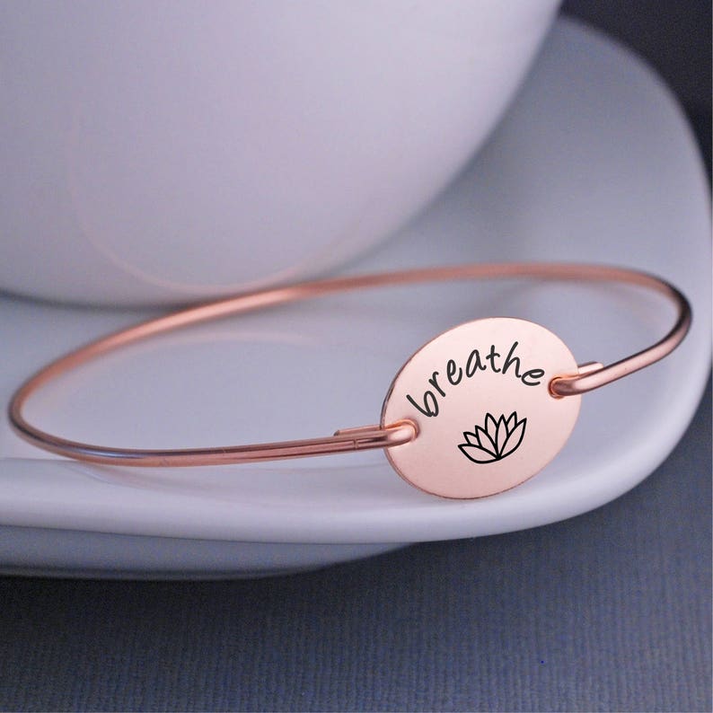 Breathe Bangle Bracelet, Yoga Jewelry, Just Breathe Jewelry, Lotus Jewelry Gift, Yoga Teacher Gift, Yoga Lover Gift image 1