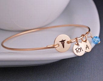 Gift for Nurse, Caduceus Bracelet, RN Jewelry Gift, Nursing Graduation, Personalized Nurse Bangle Bracelet