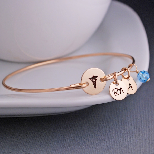 Gift for Nurse, Caduceus Bracelet, RN Jewelry Gift, Nursing Graduation, Personalized Nurse Bangle Bracelet, Nurse Practitioner Gift