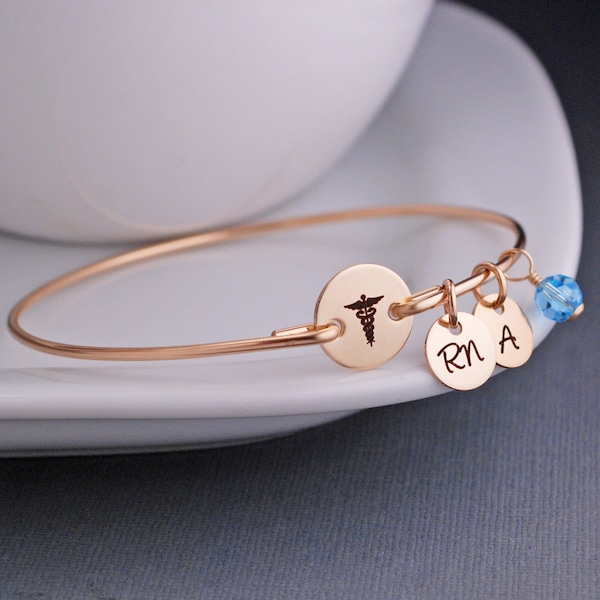 Gift for Nurse, Caduceus Bracelet, RN Jewelry Gift, Nursing Graduation, Personalized Nurse Bangle Bracelet