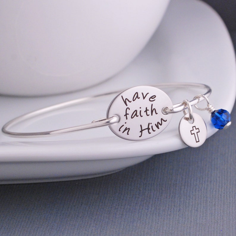 Custom Have Faith in Him Bracelet, Christian Jewelry, Cross Charm Bracelet, Religious Bracelet, Baptism Gift, Confirmation Jewelry image 1