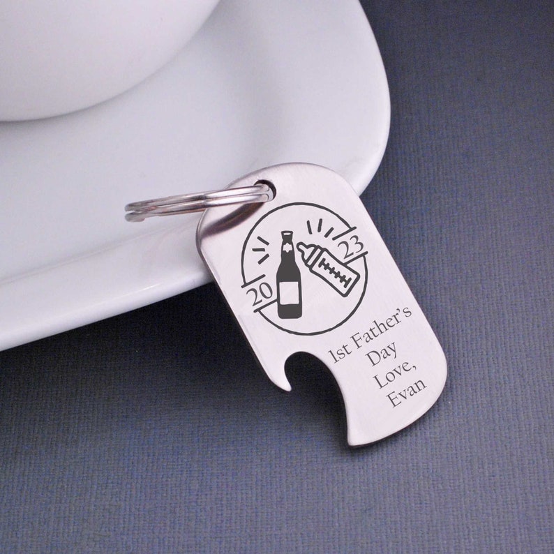 1st Father's Day Key Ring, Gift for Dad, CHEERS Keychain Bottle Opener, Personalized First Father's Day Gift for Dad from Child image 1