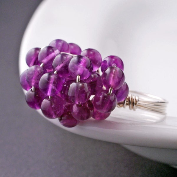 Chunky Amethyst Gemstone Bubbles Sterling Silver Wire Wrapped Ring