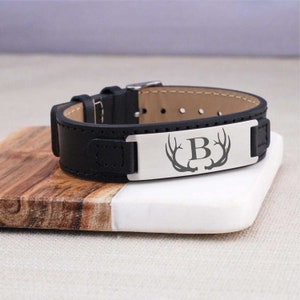 Men&#39;s Leather Bracelet, Personalized Bracelet for Men, Men&#39;s Leather Bracelet with Antlers and Initial, Anniversary Gift for Him