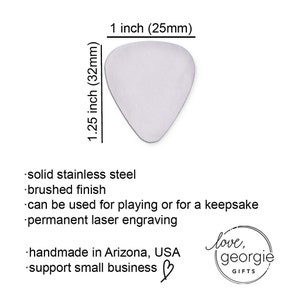 showing the measurement of the guitar pick.  1.25 inches by 1 inch.  Made of stainless steel with a brushes finish