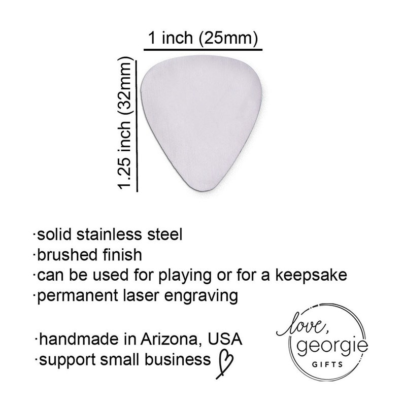 showing the measurement of the guitar pick.  1.25 inches by 1 inch.  Made of stainless steel with a brushes finish