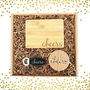 Client Gift Set, Housewarming Gift, Business Gift Idea for Clients, Cheers Cutting Board, Cork Coasters Bottle Opener, Engagement Gift Box