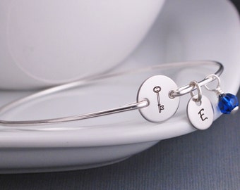 Bracelet for Her, Skeleton Key Jewelry, Custom Silver Key Bangle Bracelet, Greek Jewelry, Key Bracelet, Sorority Bracelet