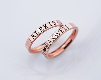 Rose Gold Name Stacking Ring, Engraved Name Ring, Personalized Name Ring, Mother's Day Gift for Mom, Personalized Jewelry