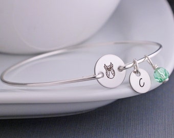 Silver Owl Jewelry, Owl Bangle Bracelet, Custom Owl Charm Bracelet, Chi Omega Jewelry