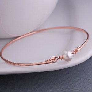 Rose Gold Pearl Bracelet, Personalized Pink Gold Bangle Bracelet, Swarovski Choice of Color Pearl Bracelet, Bridesmaid Jewelry image 4