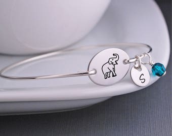 Elephant Bracelet, Elephant Jewelry, Personalized Elephant Bangle Bracelet