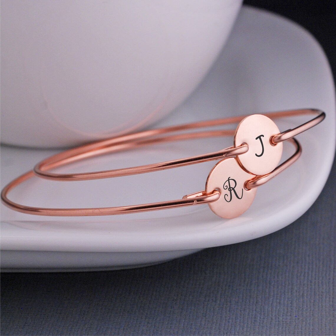 Personalized Rose Gold Bangle Bracelets Set of TWO Rose Gold Etsy