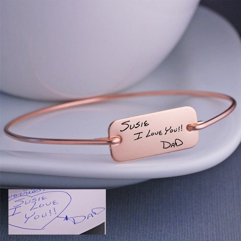 Rose Gold Custom Handwriting Bracelet, Personalized Handwriting Bracelet, Mother's Day Gift Rose Gold Engraved Bracelet, Gift from Dad image 1