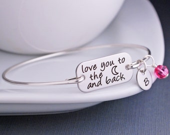 Love You to the Moon and Back Bracelet, Mother's Day Gift, Personalized Birthday Gift for Daughter, Silver, Rose Gold, Gold Bangle