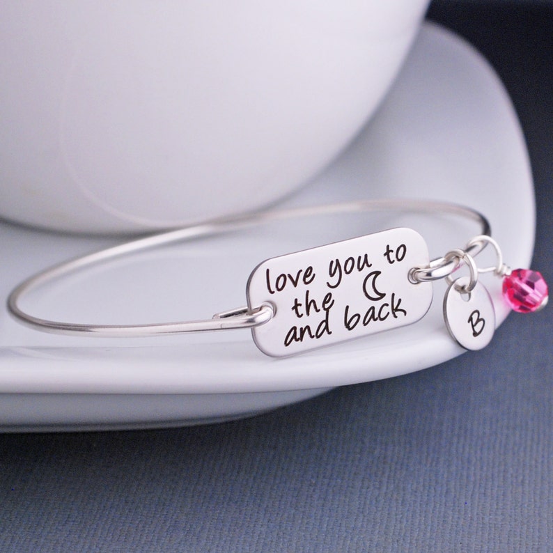 Bracelet J'aime sur la lune et le dos, cadeau pour la fête des mères, cadeau d'anniversaire personnalisé pour fille, bracelet jonc en argent, or rose, or image 1