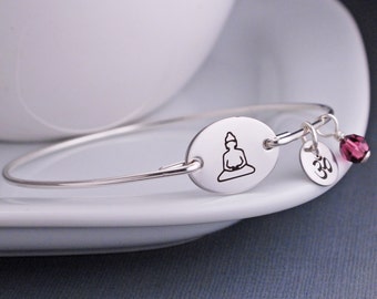 Buddha Bangle Bracelet, Personalized Yoga Jewelry, Om Charm, Meditating Buddha Jewelry