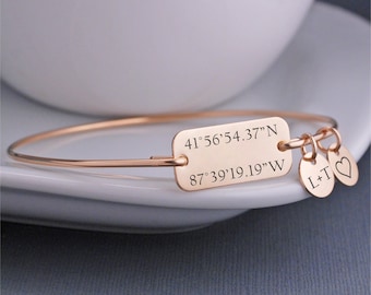 Pulsera de oro con latitud y longitud, regalo de aniversario para esposa, regalo de aniversario para ella, joyería personalizada con coordenadas, joyería de ubicación
