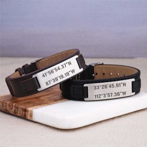 Custom Men's Bracelet, Latitude Longitude Bracelet for Men, Men's Leather Bracelet Personalized, Anniversary Gift for Him