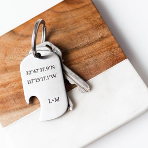 Anniversary Gift for Him, Anniversary Gift for Husband Latitude Longitude Coordinates Keychain, Personalized Dog Tag Bottle Opener, Key Ring