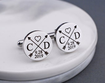 Cufflinks for Groom, Custom Boho Wedding Cufflinks with Arrows, Personalized Wedding Cufflinks for Groom with Initials and Date